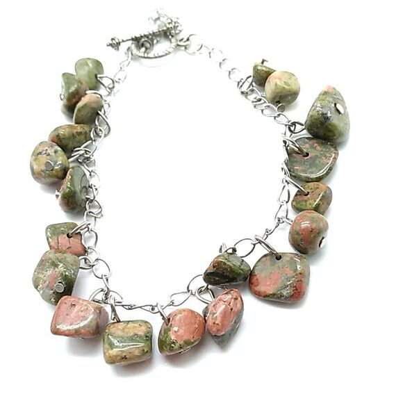 Artisan Unakite Jasper Bracelet Green Pink Stone Beads Silver Chain Toggle Clasp - Picture 7 of 13